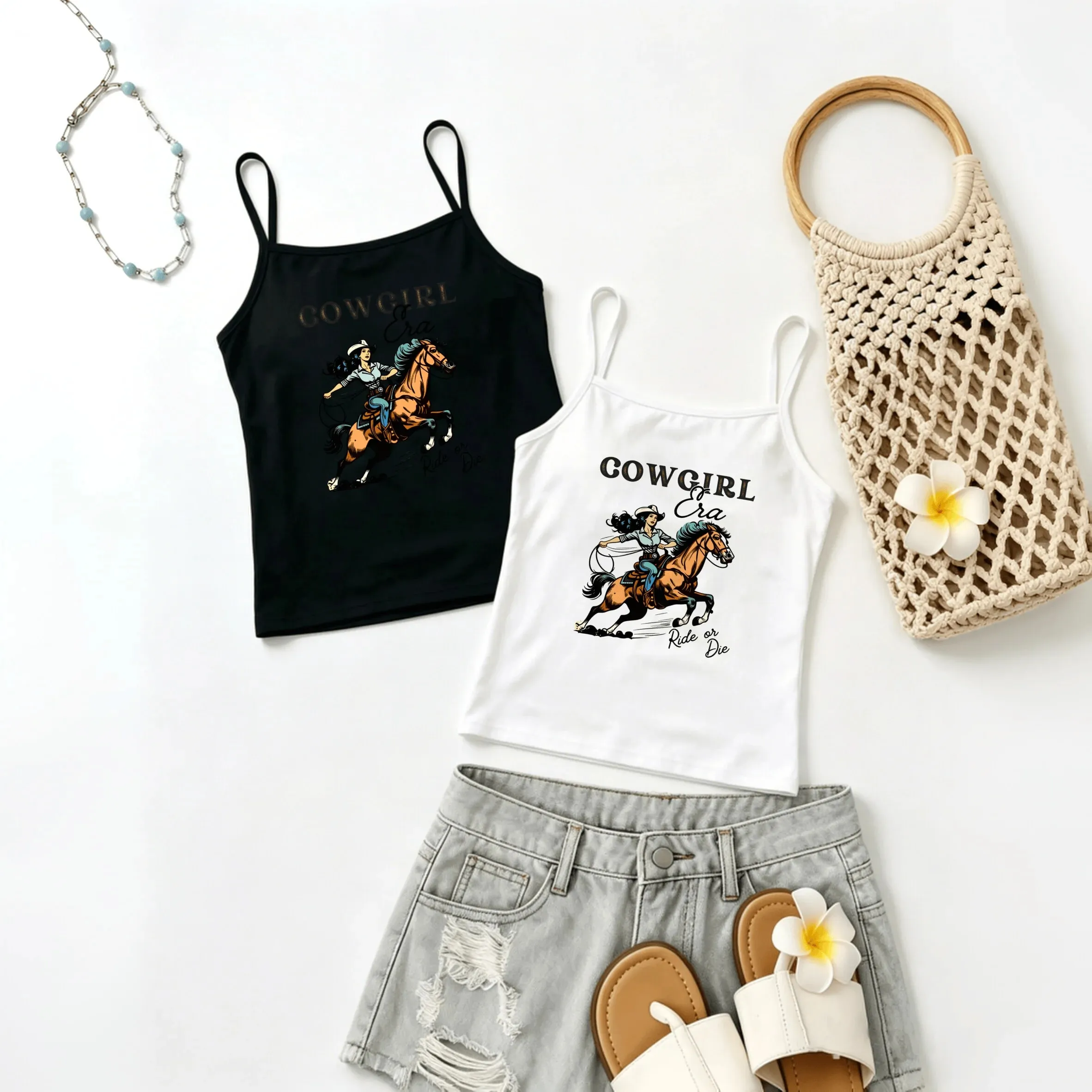 Western Country Women Tank Top Retro Cowgirl Horse Ride Or Die Letter Graphic Spaghetti Strap Camisole Summer Sleeveless Vest