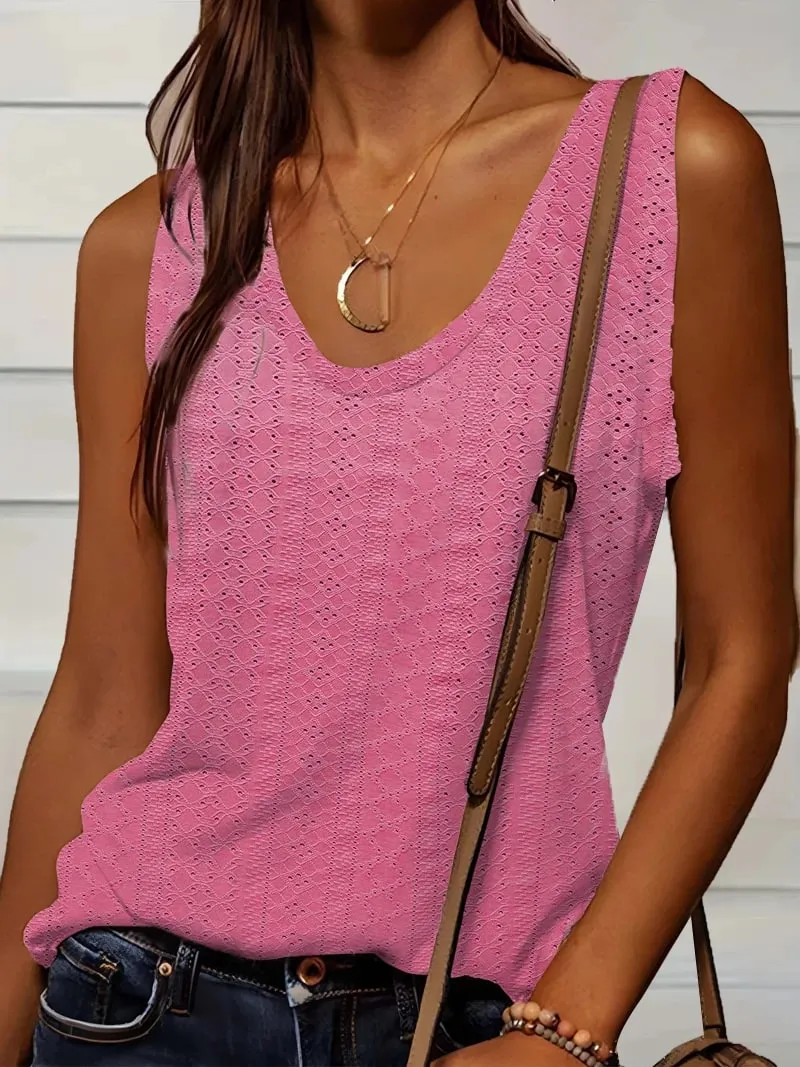 Women's Tank Top Spring Summer White V Neck Sleeveless Perforated Texture Relaxed Fresh Elegant Daily Casual Top