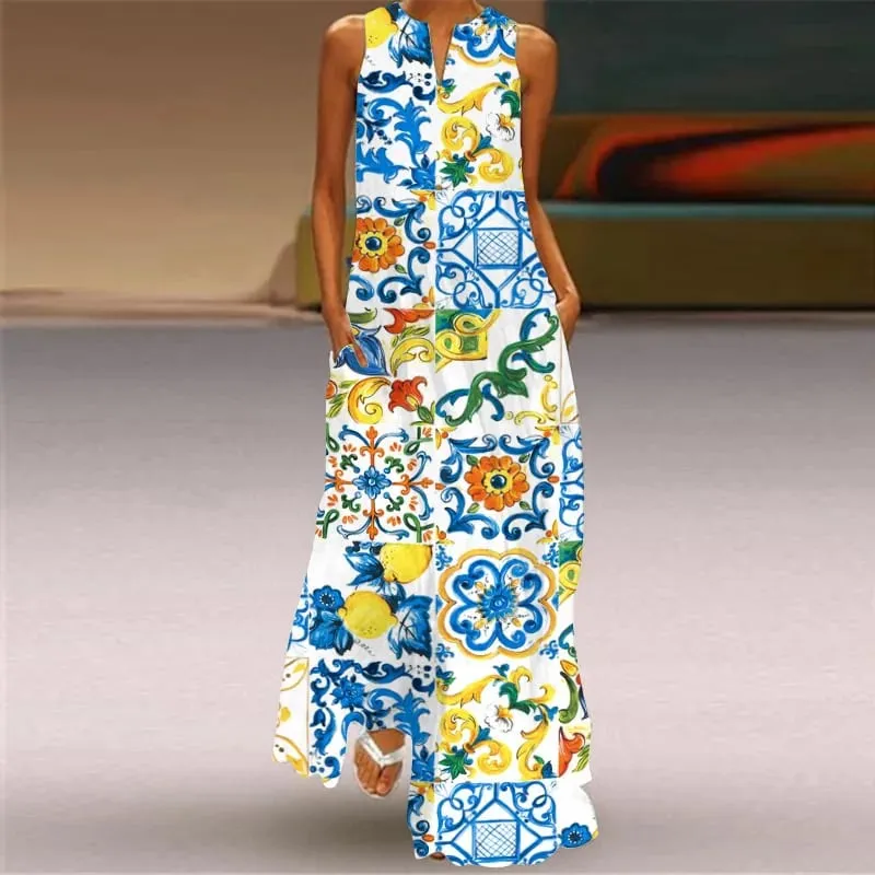 Women Dresses 2026 New summer wear sleeveless long dress V-neck printed emerald flower dress women's clothing vestidoes