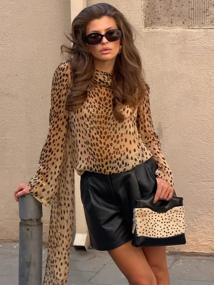 Sexy Leopard Printed Women Dress Long Sleeve See Through Hanging Neck Ribbon Lady Dresses 2026 Summer Autumn Chic Female Robe