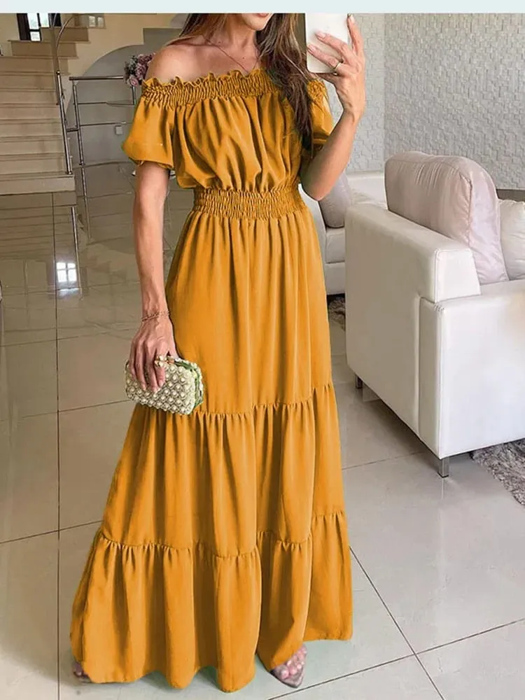 Women Dress Summer Fashion Green Boho Sexy Slash Neck Maxi Dress Elegant Casual Holiday Beach Party Dresses For Woman Robe Femme