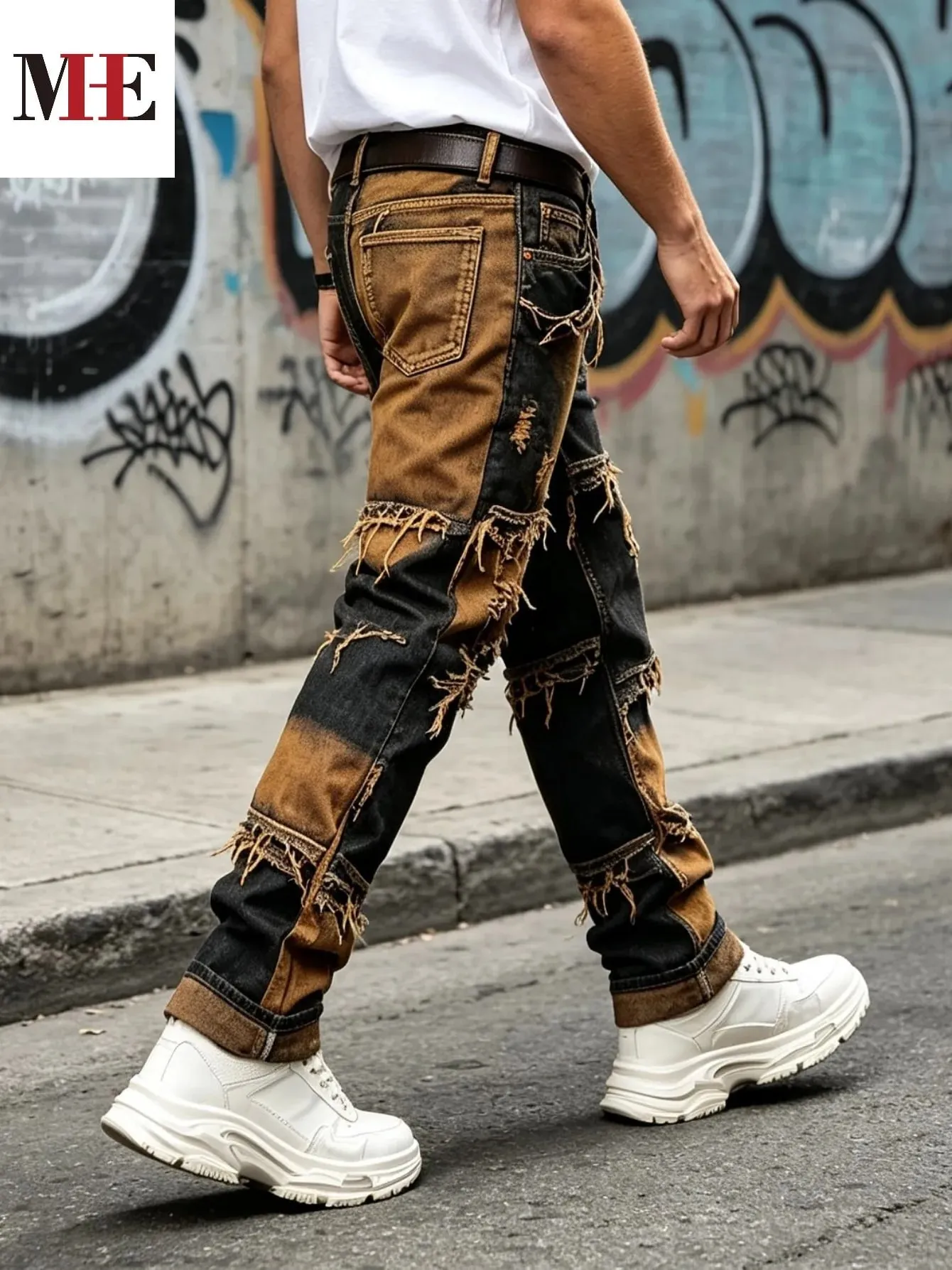 【HME】Men's Jeans | Straight‑Fit Deconstructed Denim Pants vintage Mud‑Wash Two‑Color Spliced Denim Trousers Exposed Frayed Tassel Seams Classic Five‑Pocket Construction Durable Fabric Fashion Men Casual Pants