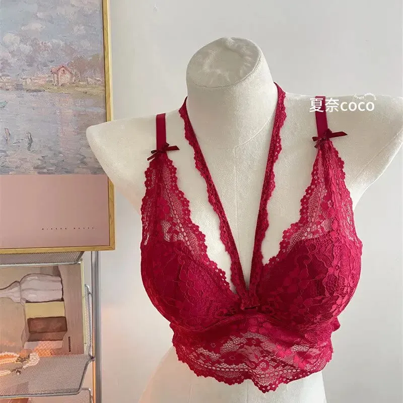 French Lace Wide Strap Thick Top Inner Lace Layer No Underwire Bra Set Petite Women Small Bust Comfort Lingerie Set 32-38 S-XL