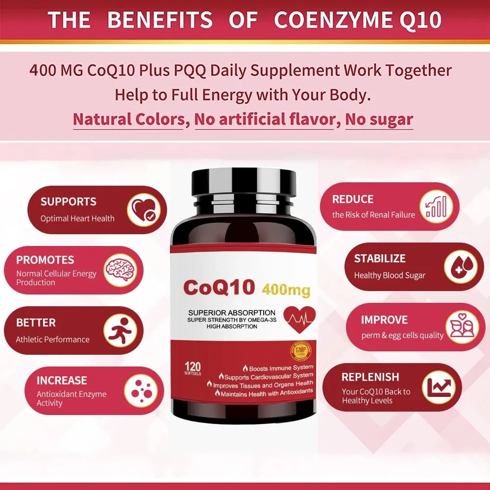 CoQ10 400mg Softgels - Coenzyme Q10 Supplement Plus PQQ Omega 3 Antioxidant for Heart Health and Cellular Energy 120 Softgel