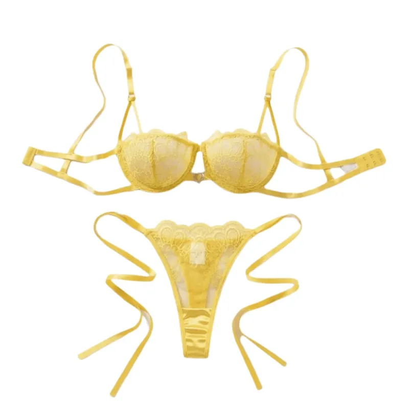 Elegant Floral Embroidery Lace Lingerie Set Lace-up Hollowed-out Thong Bra Suit Mesh Transparent Ultra-thin Underwear Sets Lady