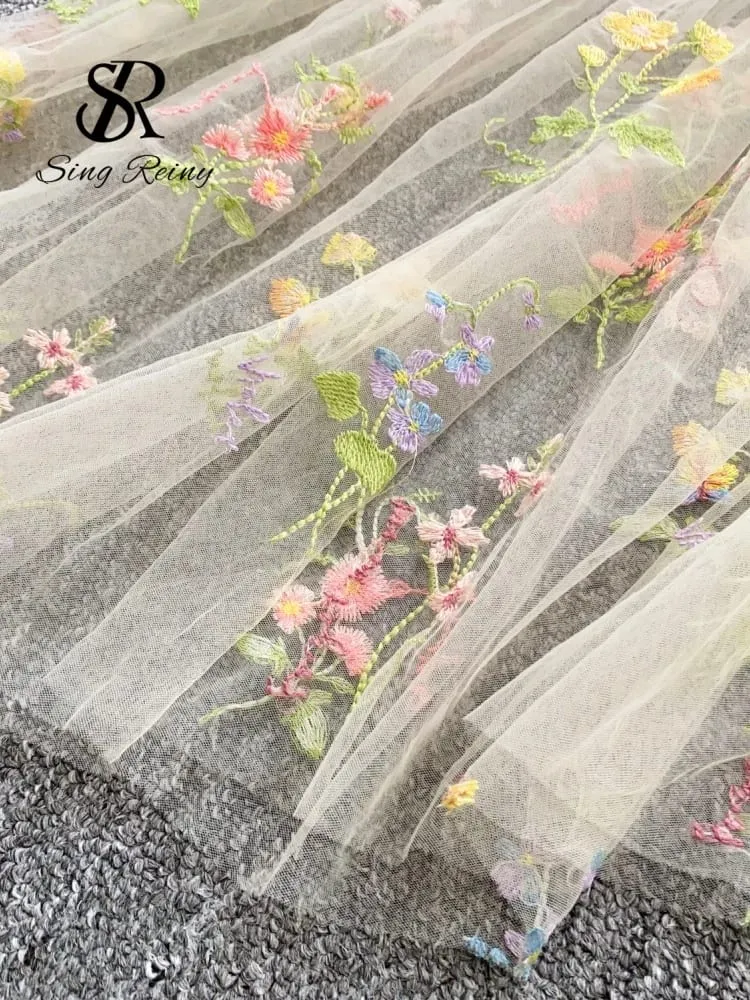 Holiday Floral Embroidery Long Dress 2026 Women O Neck Sleeveless Loose Irregular Summer French Mesh Bohemian Sundress