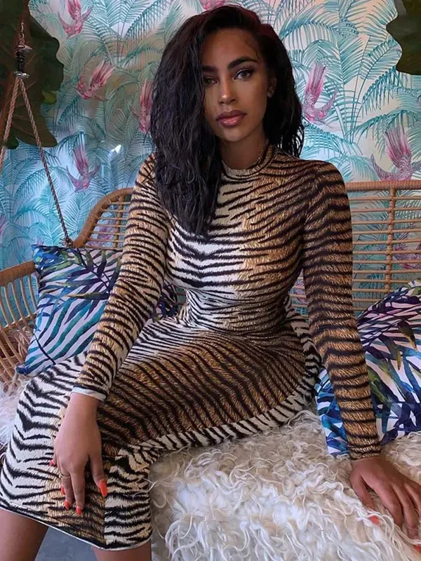 leopardprint langærmet slim bodycon sexet kjole efterår vinter kvinder streetwear fest festival kjoler outfits