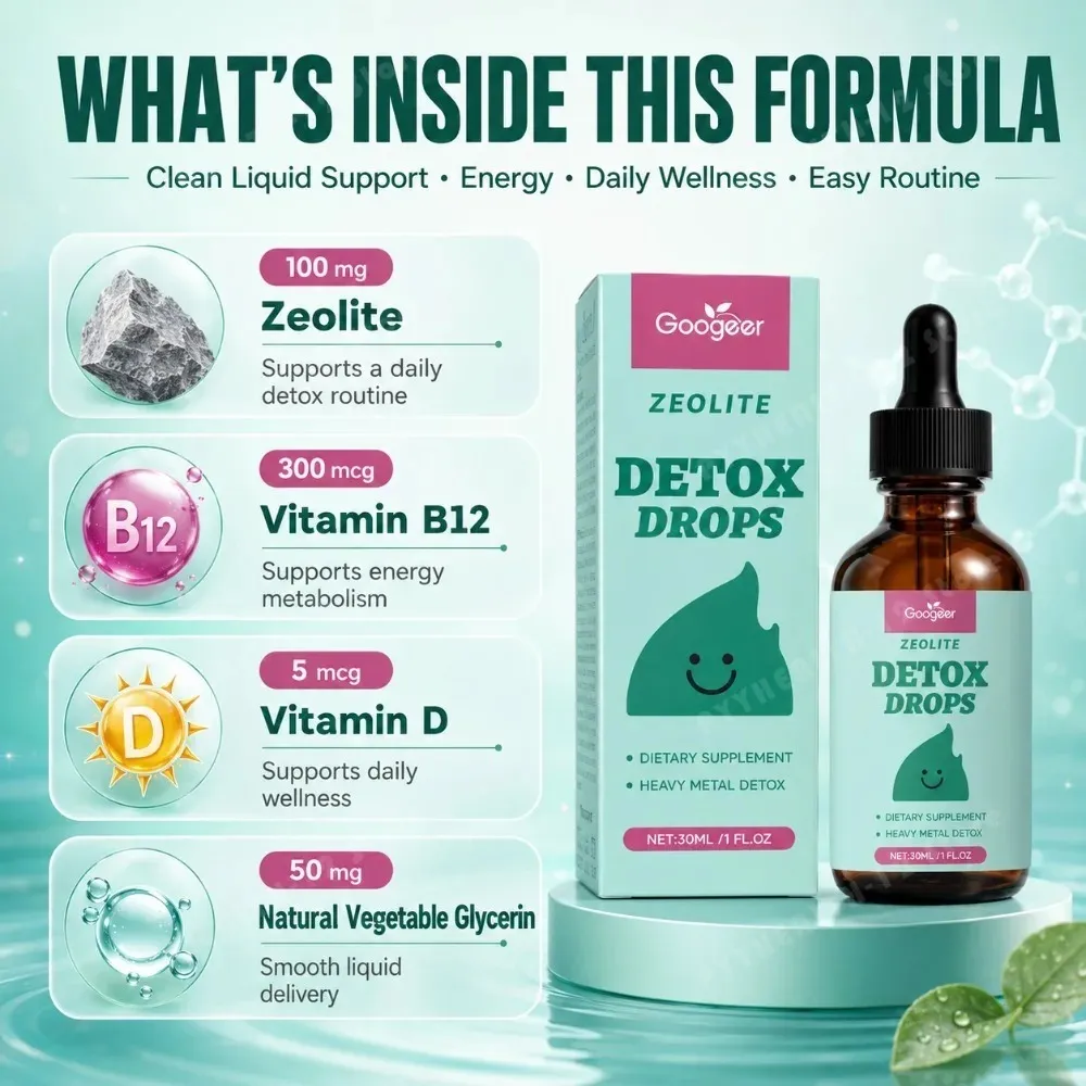 Googeer Zeolite Detox Drops 30ml Heavy Metal Support Vitamin B12 D3 Daily Cleanse Formula Non-GMO Soy-Free Dietary Supplement