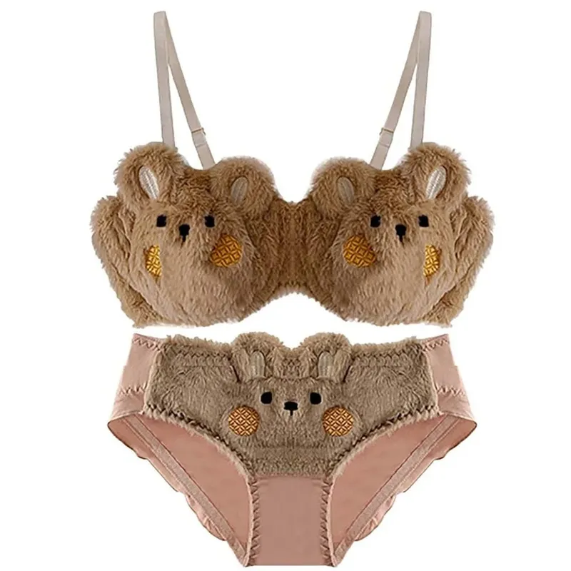 New Design Gathered Padded Bra and Panty Set Adorable Warm Lingerie Underwear Brief Polyester Cotton Anime Cozy Warm Lingerie