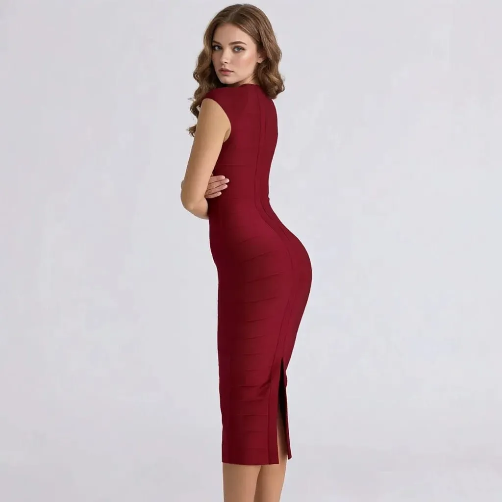 Luxury Sexy Plunge V Bandage Long Dress Women Striped Bodyocn Party Celebrity Evening Dress Elastic Knitted Vestidos