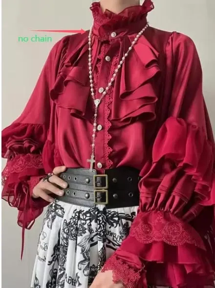 Gotická košile Y2k Top Lolita Dívčí Volánková Sukně Deštník Vysoký Pas Oversized Dlouhá sukně Rohový Dlouhý rukáv Studentská Elegantní halenka