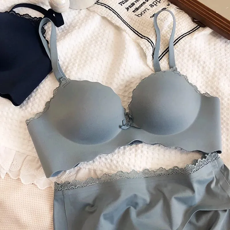 Wire Free Push Up Thicken Underwear For Women Small Chest Gather Seamless Bra And Panty Sets Bow Pure Color Fashion Intimates