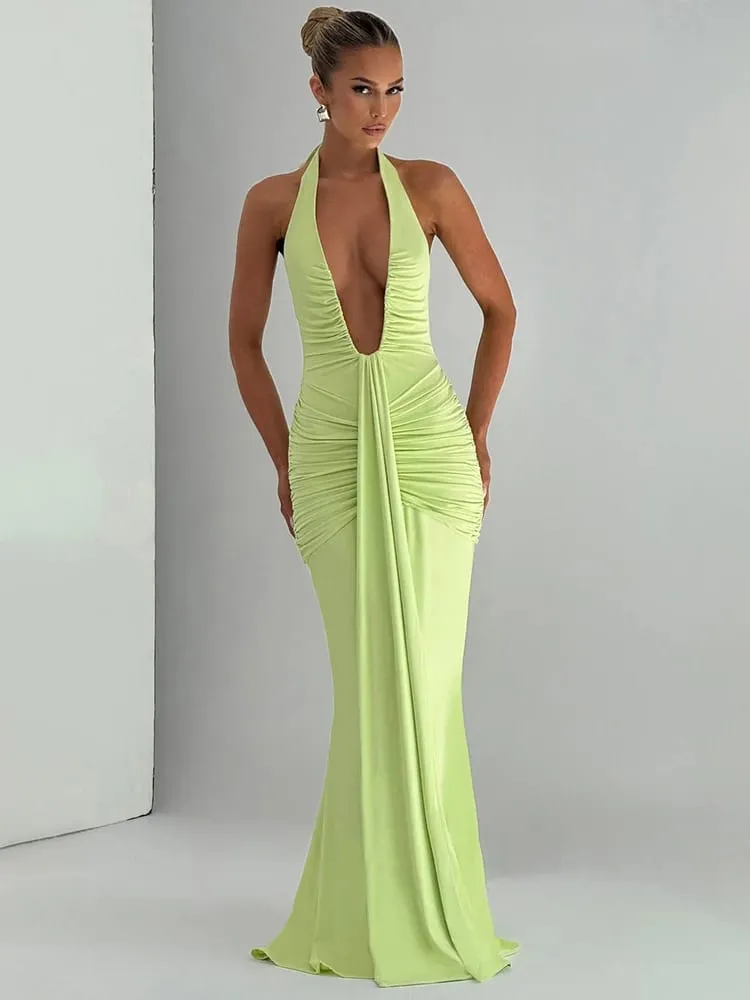 Mozision Deep V Neck Draped Ruched Sexy Maxi Dress Women Summer Fashion Halter Sleeveless Backless Club Party Long Dress Elegant