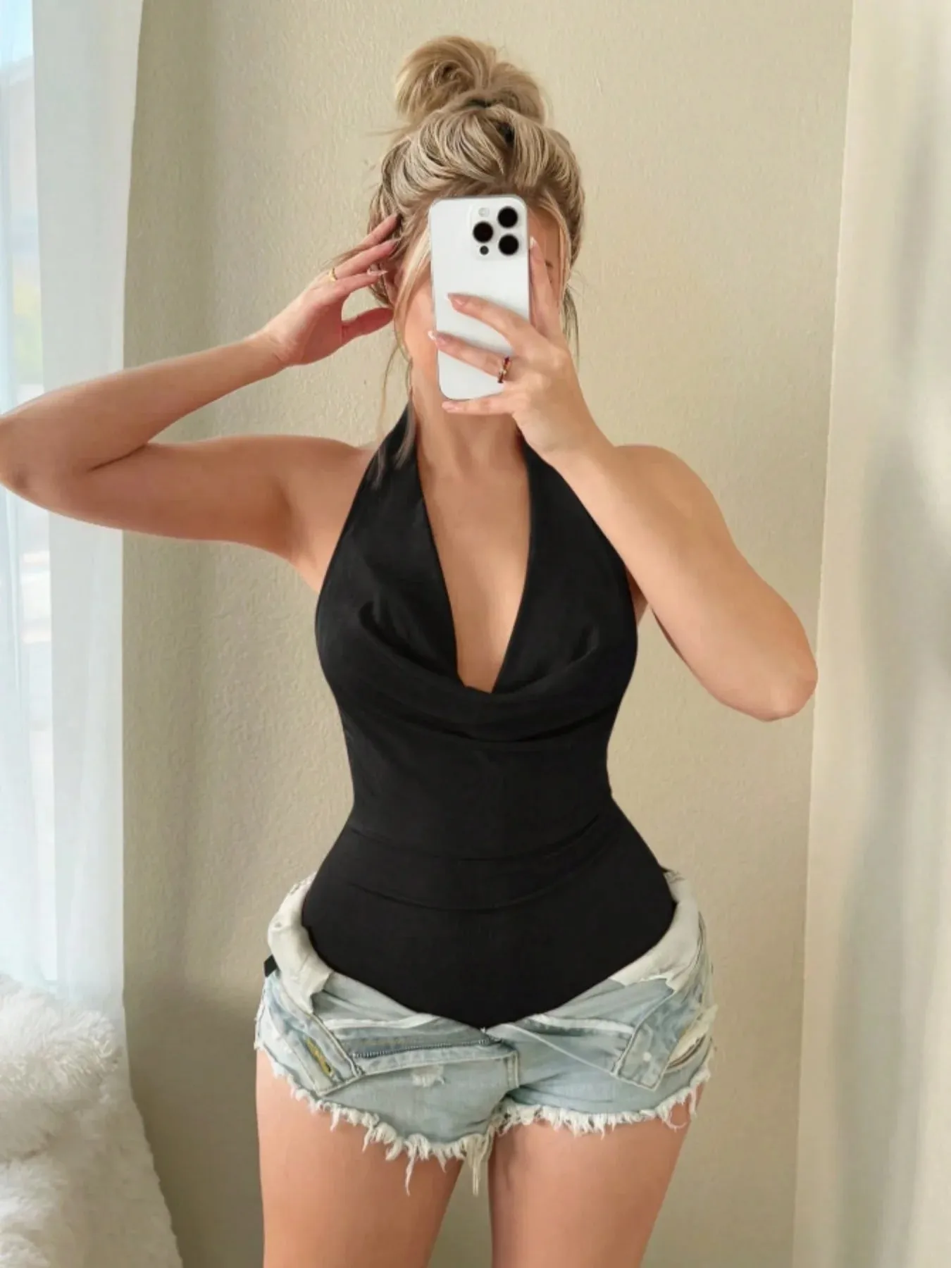 Women Halter Cowl Neck Deep V Sleeveless Slim Fit Body Shaping Bodysuit 2026 Summer Solid Black Club Casual Basic Jumpsuit Top
