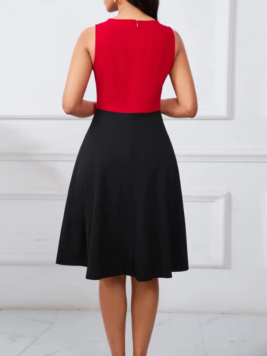 Womens Summer Sleeveless Elegant Front Zipper Work Office A-Line Colorblock Business Casual Party Slim Fit And Flare Swing Dress