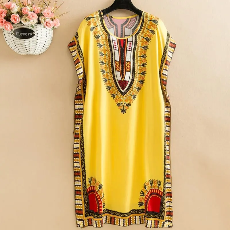 Summer cotton and silk dress medium and long bat sleeve loose large size beach dress mother dress belly and thin skirt women