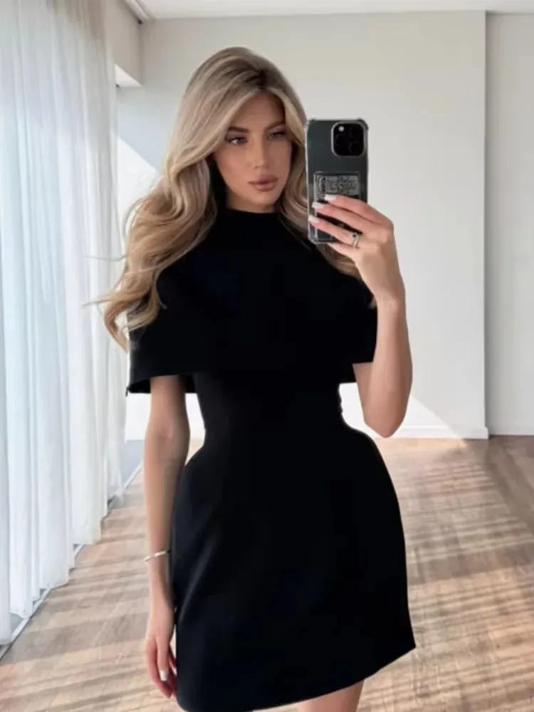Solid Shawl A-line Dress Women Elegant Round Neck Waist Cinching Slim Short Mini Dresses 2026 Lady Daily Party Evening Vestido