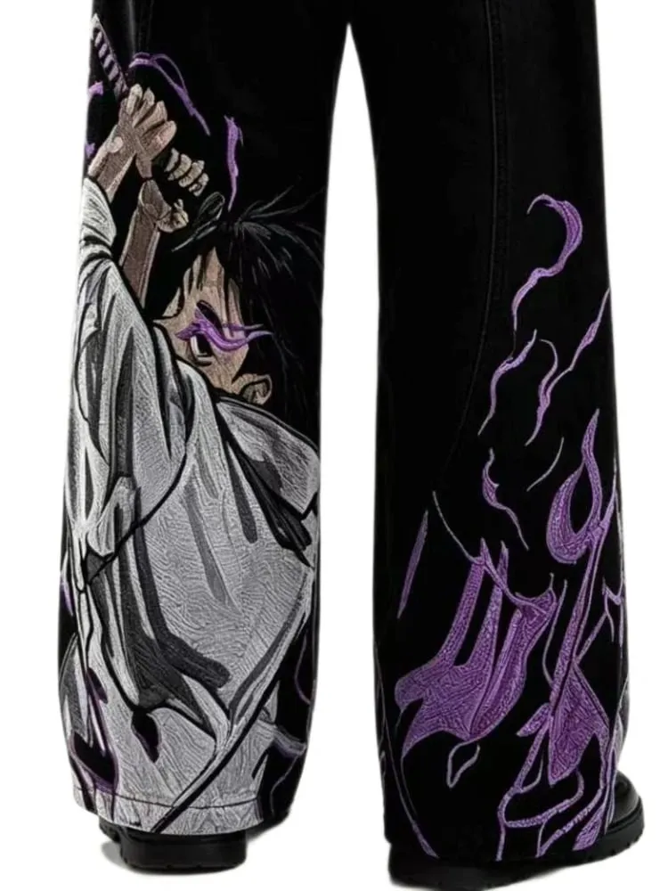 Jeans pour hommes broderie lourde Streetwear pantalon en jean Harajuku unisexe coupe ample jambe large Anime jambe droite noir décontracté mode — image 6