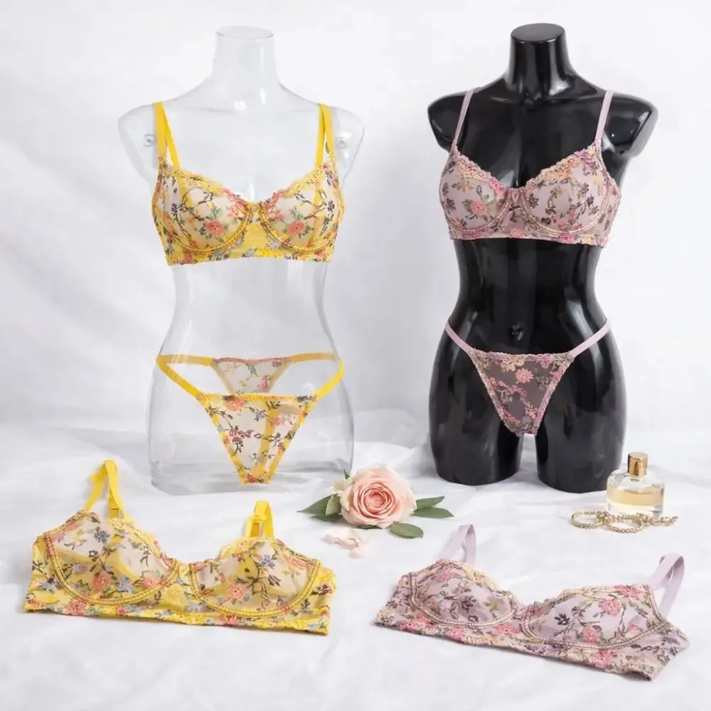 2-Piece Fashion Floral Lingerie Set Sheer Embroidery Underwear Intimates Versatile Underwire Push-up Bra Panty Set For Lady Girl