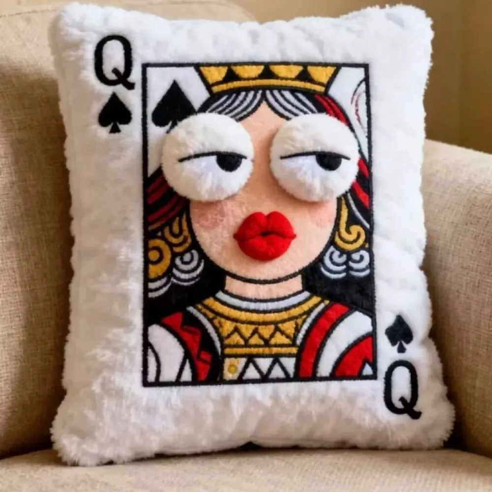 Patchwork Style Poker Card Cushion High-Value Design Card Game Theme Embroidered Pillow 3D Big Eyes Plush Cushion Gift Giving