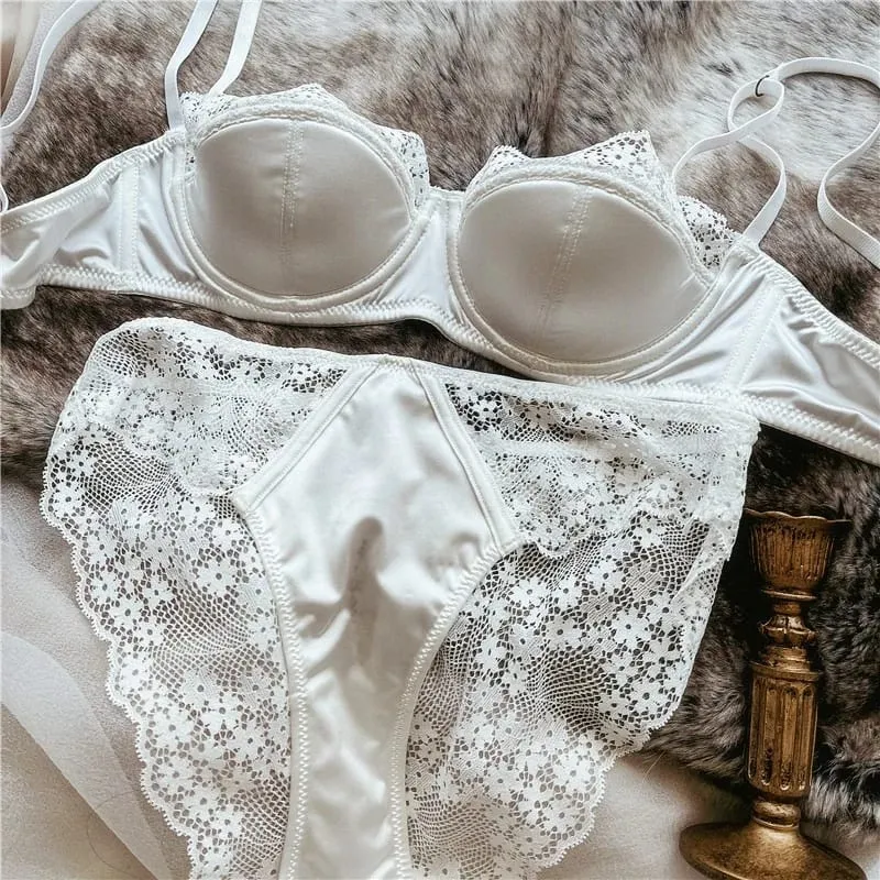 Hot Push Up Lace Bra Set Sexy Lingerie Minimizer Underwire Anti-Sagging Side Coverage Balconette for Big Bust Women 32-38 Suit