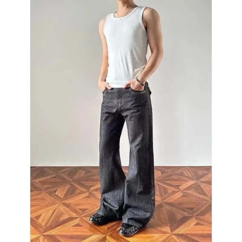 Men's Minimalist Style Retro Jeans Casual Wide Legs Sweatpants Boys Pants Street Bottom Male High Waist Unisex Baggy Trousers