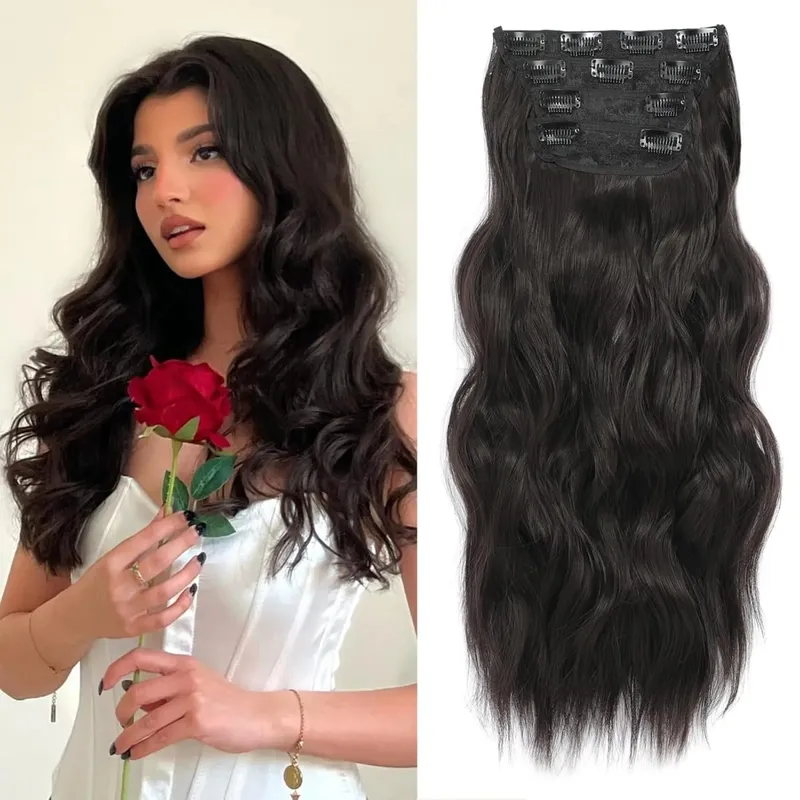 4Pcs/Set Synthetic Hair Clip In Hair Extensions 24Inch Long Wavy Thick Hairpieces For Women Full Head Ombre Hairpiece
