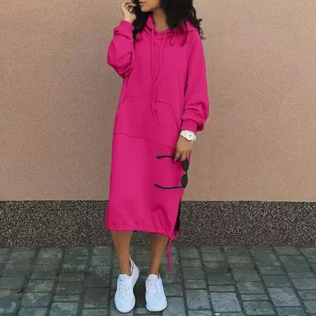 Gaun Panjang Hoodie Hangat Belahan Saku Elegan Berkerudung Besar Jubah Sweter Wanita Baru Mode Musim Gugur dan Musim Dingin 2023