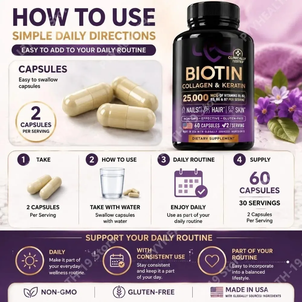 Biotin Collagen & Keratin Capsules with Hyaluronic Acid & B-Vitamins for Hair Skin & Nails Nourishment Support Adults 60 Caps