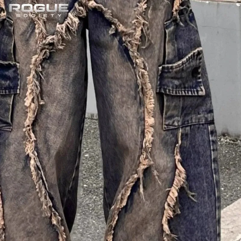 Y2K Grunge Deconstructed Distressed Jeans Unisex Patchwork Washed Wide Leg Denim Pants Hip Hop Streetwear Harajuku Punk Trousers