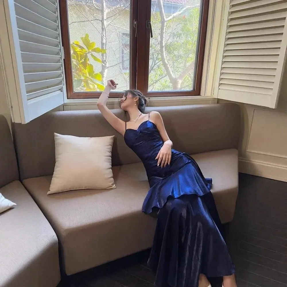 Blue Mermaid Style Birthday Dress with Lace Trim Strapless Gown Adult Ceremony Dress Long Ankle Length V-neckline No-sleeve — image 2