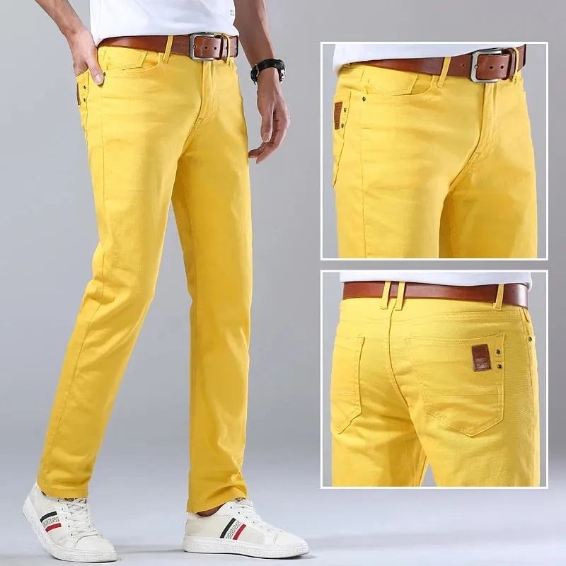 Spring New Men's Red Elastic Jeans Korean Slim Straight Leg Wash Denim Pants Comfortable Soft Casual Trendy High End Trousers