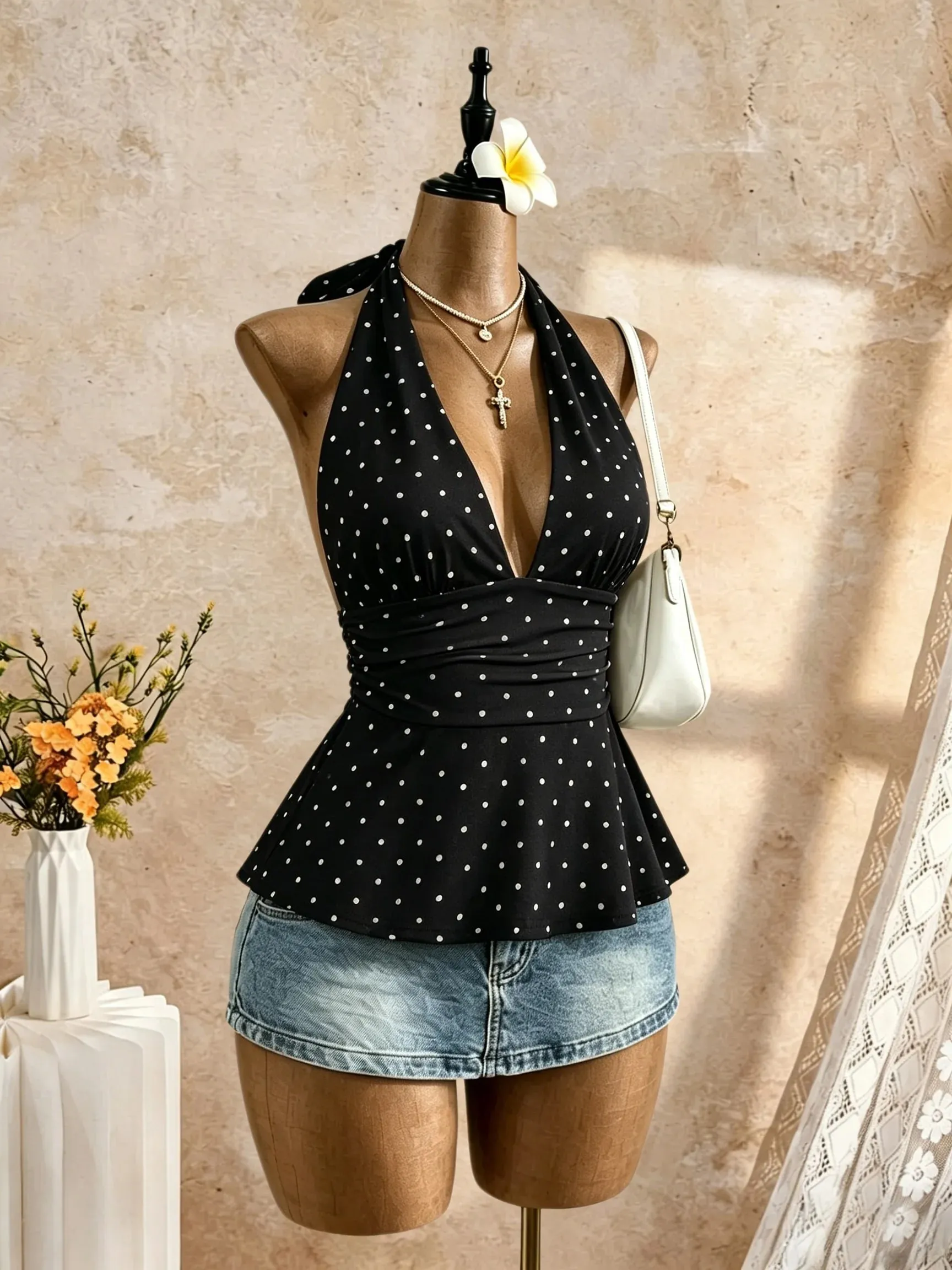 Women Halter Deep V Neck Sleeveless Peplum Tank Top Wrap Waist Ruched Flared Hem Slim Fit Y2K Cami Blouse