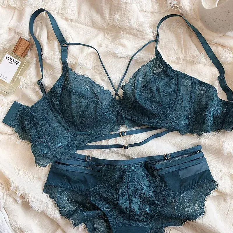 2 Pieces Sexy Hollow Push Up Bra Set French Lace Embroidery Underwear para sa mga Babae Summer Ultra Manipis Breathable Intimates Lingerie