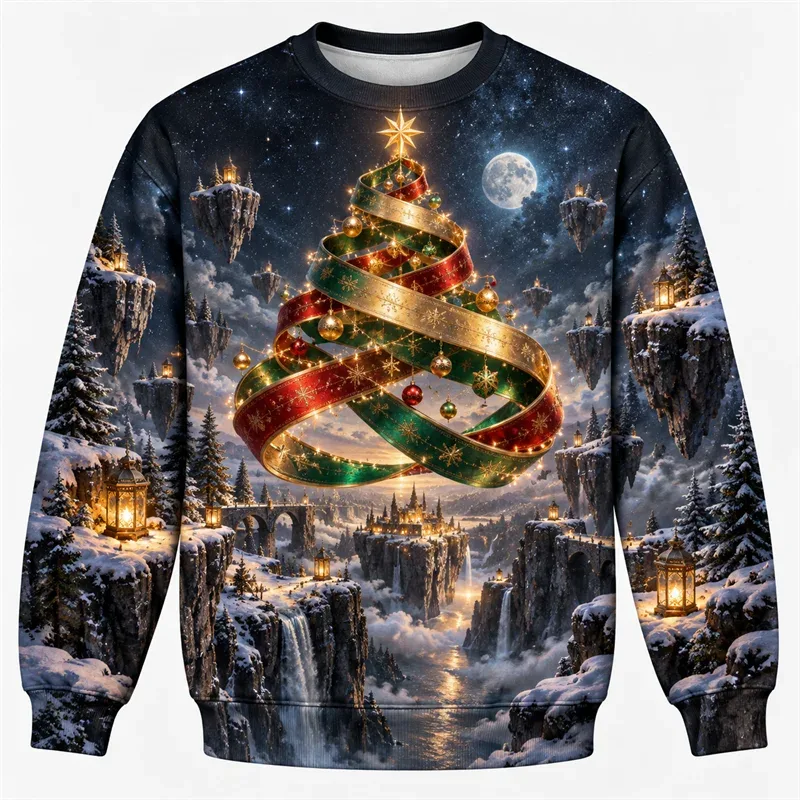 Christmas Fantasy Sweatshirt Train Castle Carousel Angel Polar Bear Crewneck Xmas Pullover Holiday Party Streetwear Gift Top