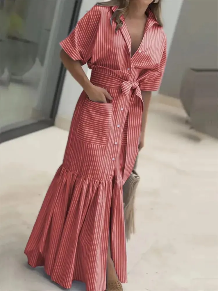 Striped Short Sleeved Loose Mid Length Lace Up Waist Dress With Single Breasted Pocket Shirt Dresses For Women Ropa Mujer