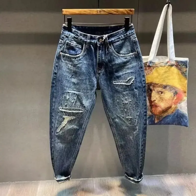 Koreansk luksustøj vasket Vintage Ripped Dad Jeans til mænd Løse lige ben Casual Streetwear Forår Efterår Cargo Bukser