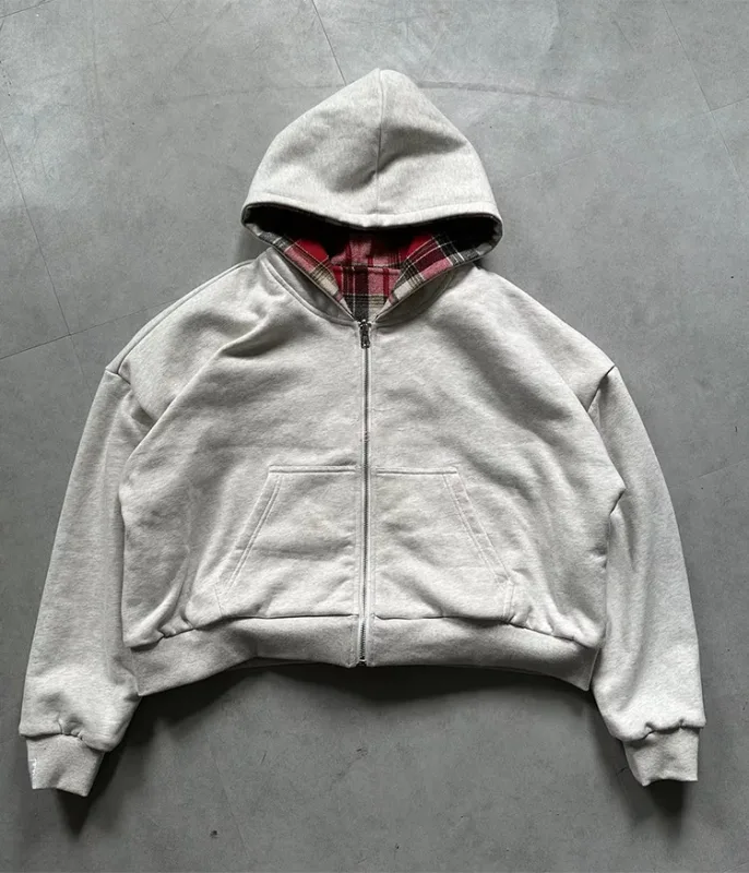 Winter Casual Plaid Print Hoodie Women's Warm Zip-Up Double-Sided Wear Sweatshirt Female Fashion Trendy Loose Hooded