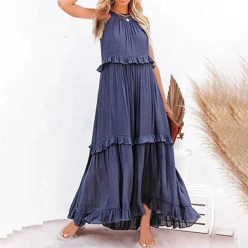Women Casual Ruffles Long Dress 2026 Summer Elegant Sleeveless Sundress Elegant Harajuku Maxi Dress Beach Party Evening Vestido