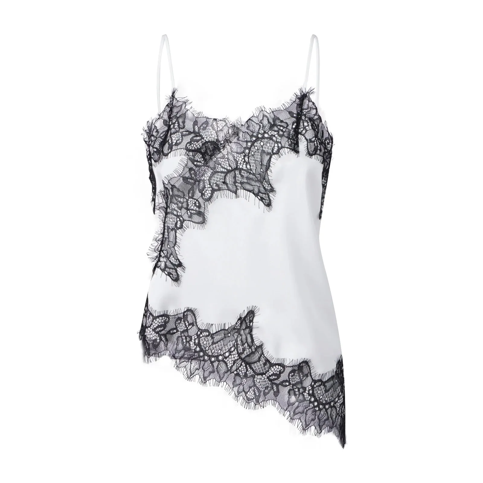 Combhasaki Women Floral Lace Trim Satin High Low Vest Silk Spaghetti Strap Side Split Asymmetrical Cami Flowy Silky Layering Top