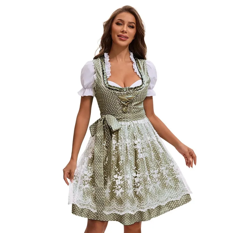 2025 Multicolor Munich Oktoberfest Dress for Women Bavarian Traditional Ethnic Print Beer Skirt with Top and Apron Maid Costume