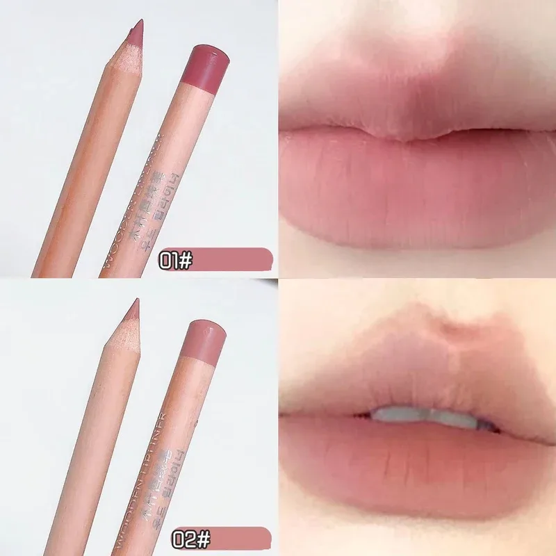Wooden Matte Lip Liner Pencil Long Lasting Waterproof Nude Low Saturation Lip Pencil Natural Contour Lip Makeup for Beginners
