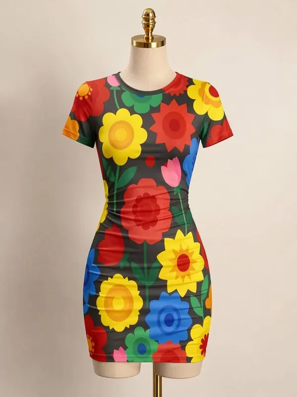 Womens Short Sleeve Bodycon Mini Dress Slim Fit Crew Neck Floral Print Casual Summer Party Cute Trendy Flattering Party Sundress