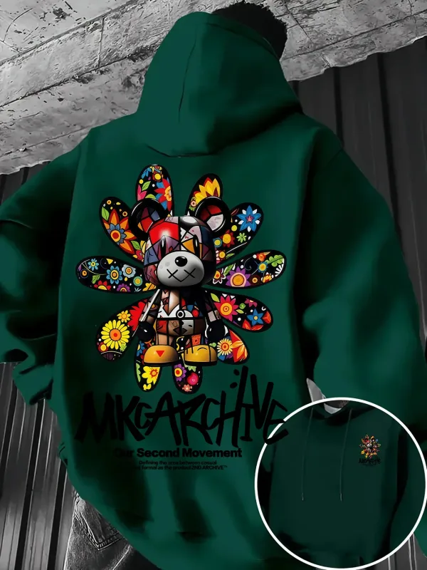 Men's Casual Hooded Sweatshirt – Colorful Floral Bear Graffiti Print Pullover Warm Street-Style Top for Autumn/Winter