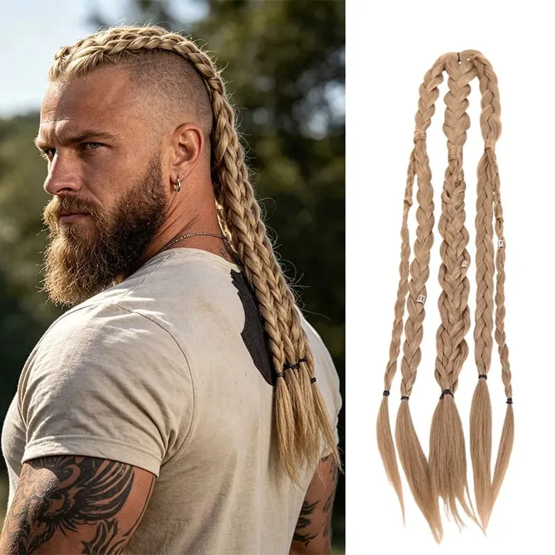 Men Viking Braids Hair Extensions Synthetic Clip In Braided Hair Pieces Cosplay Renaissance Festival Hair Accessories For Men