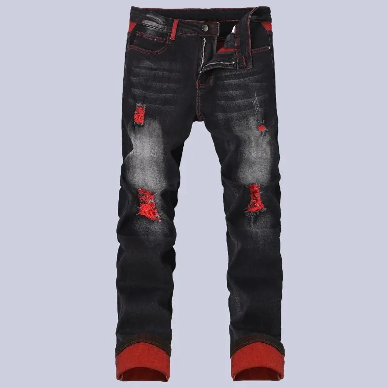 Streetwear Men Patch Ripped Jeans Black Red Design Slimming Men's Clothing Stretch Cozy Denim Pants Hip Hop Trend Trousers