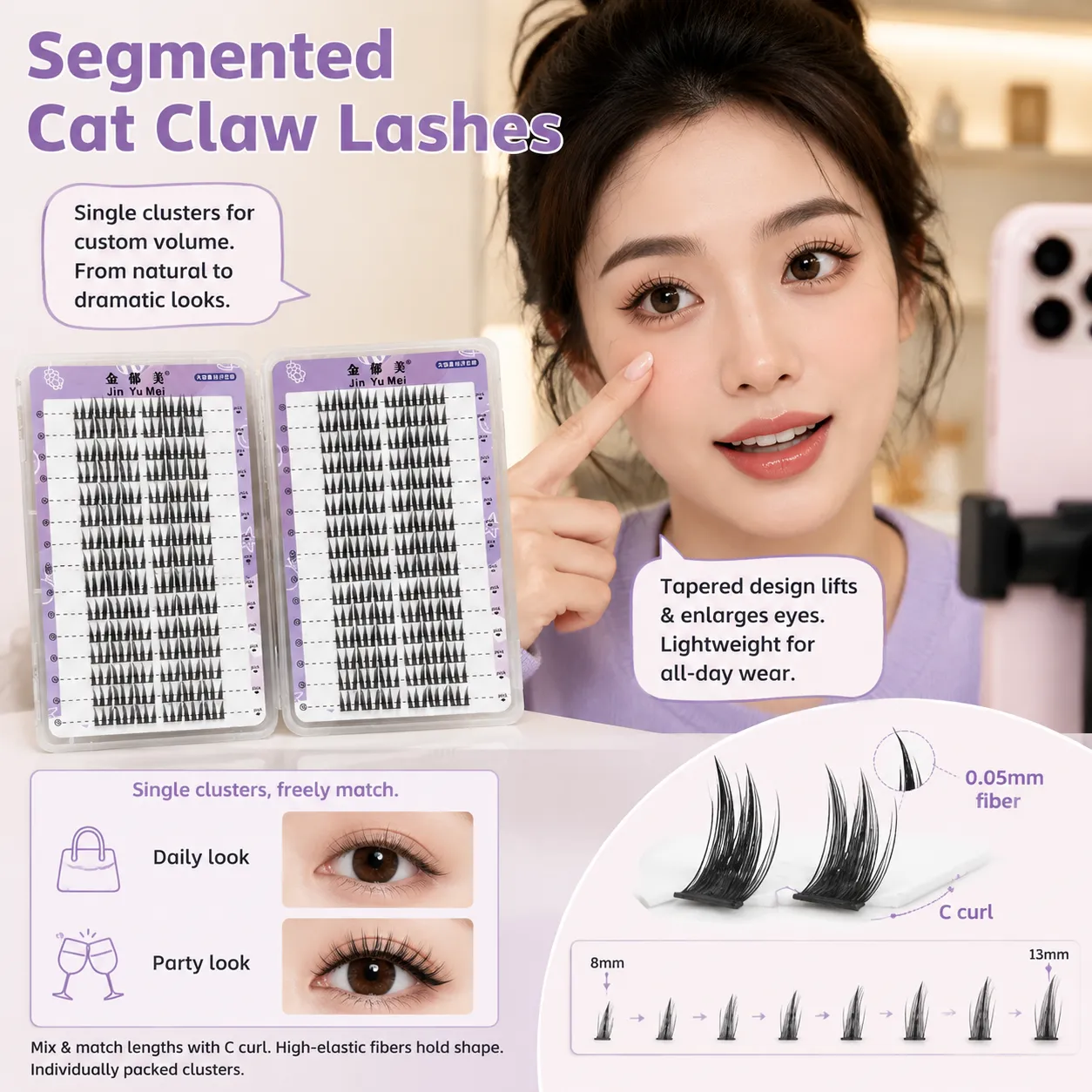 Professional Makeup False Eyelashes Segmented Cat Claw Lashes C Curl Natural Volume Dramatic Eye Enhancement for Women