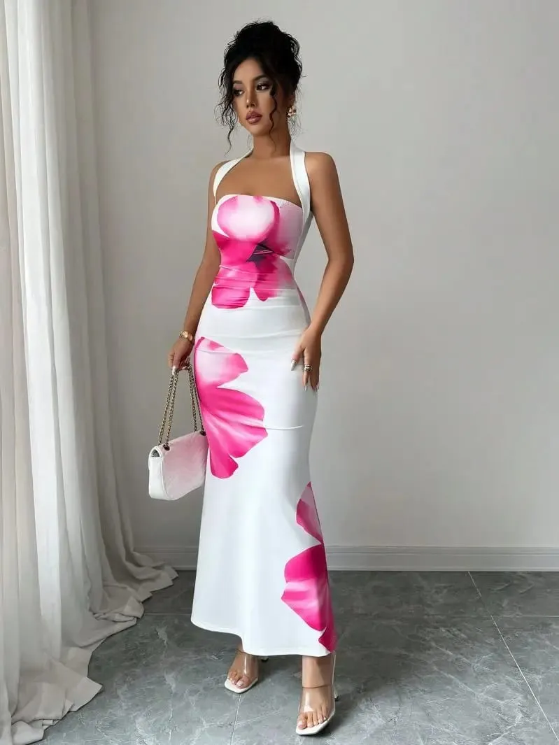 Slim Fit Hanging Neck Strapless Long Skirt Waist Cinching Elastic Hip Hugging Vacation Style Dress for Women