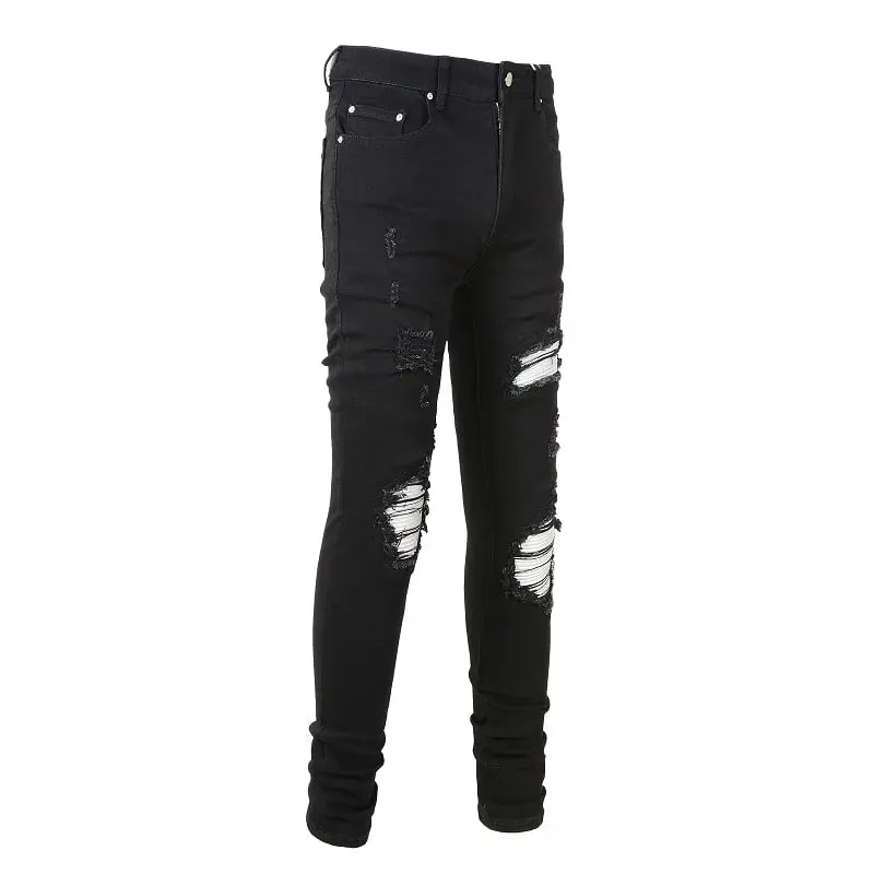 ผู้ชาย Cracked Silver หนัง Patch Biker กางเกงยีนส์ Streetwear Skinny Tapered ยืดกางเกงยีนส์กางเกง Ripped Patchwork กางเกงสีดำ