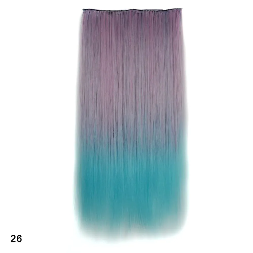 Rainbow Hairpiece Clip in One Piece Hair Extension Long Straight Synthetic Black Blue Gray Green Ombre Color Hairpieces